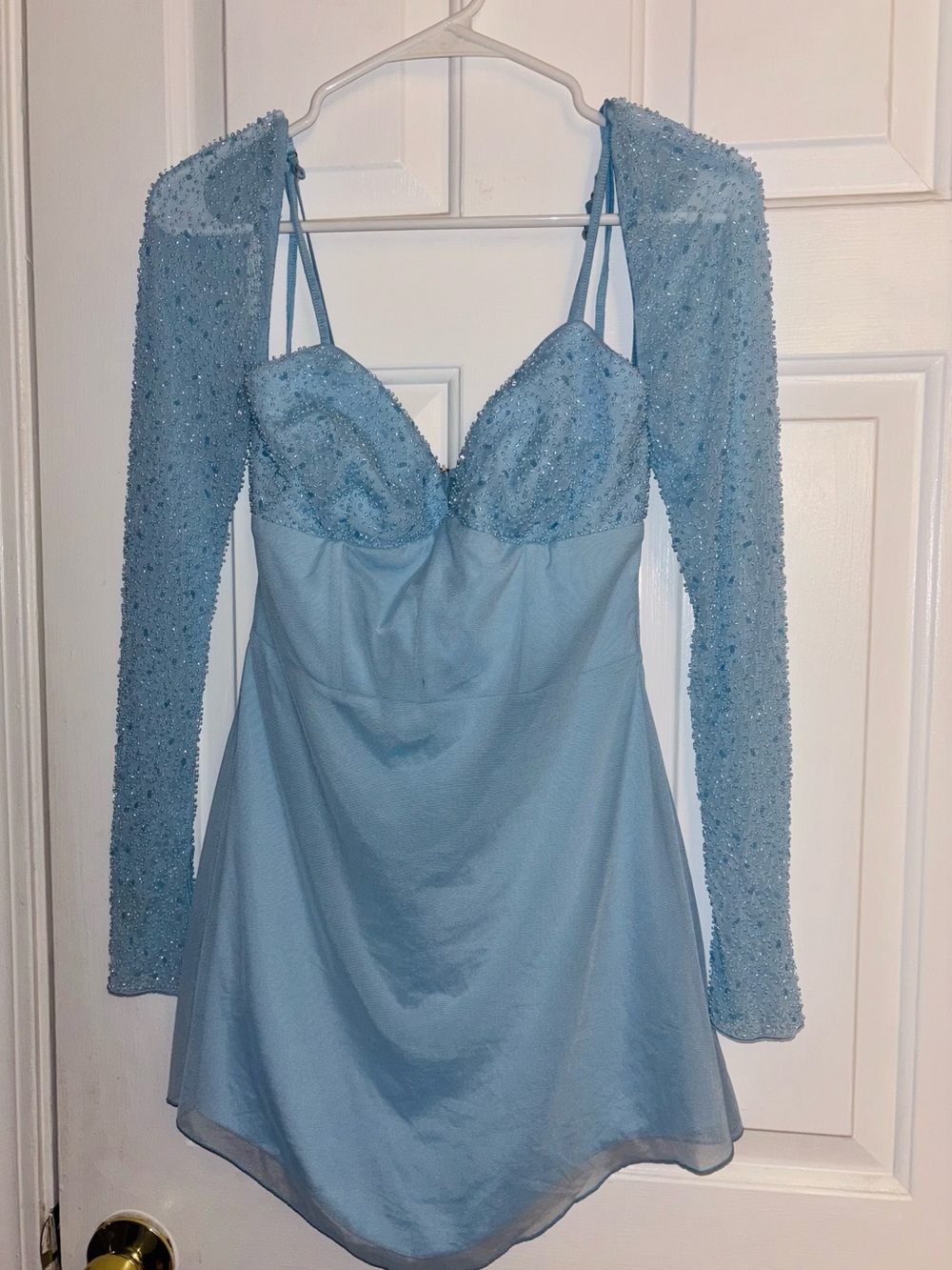 Oh Polly Light Blue Beaded Sleeve Mini Dress